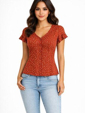 Red/White Polka Dot Button Up Short Slv Top NWOT Gift Party Ruffle Travel Twee